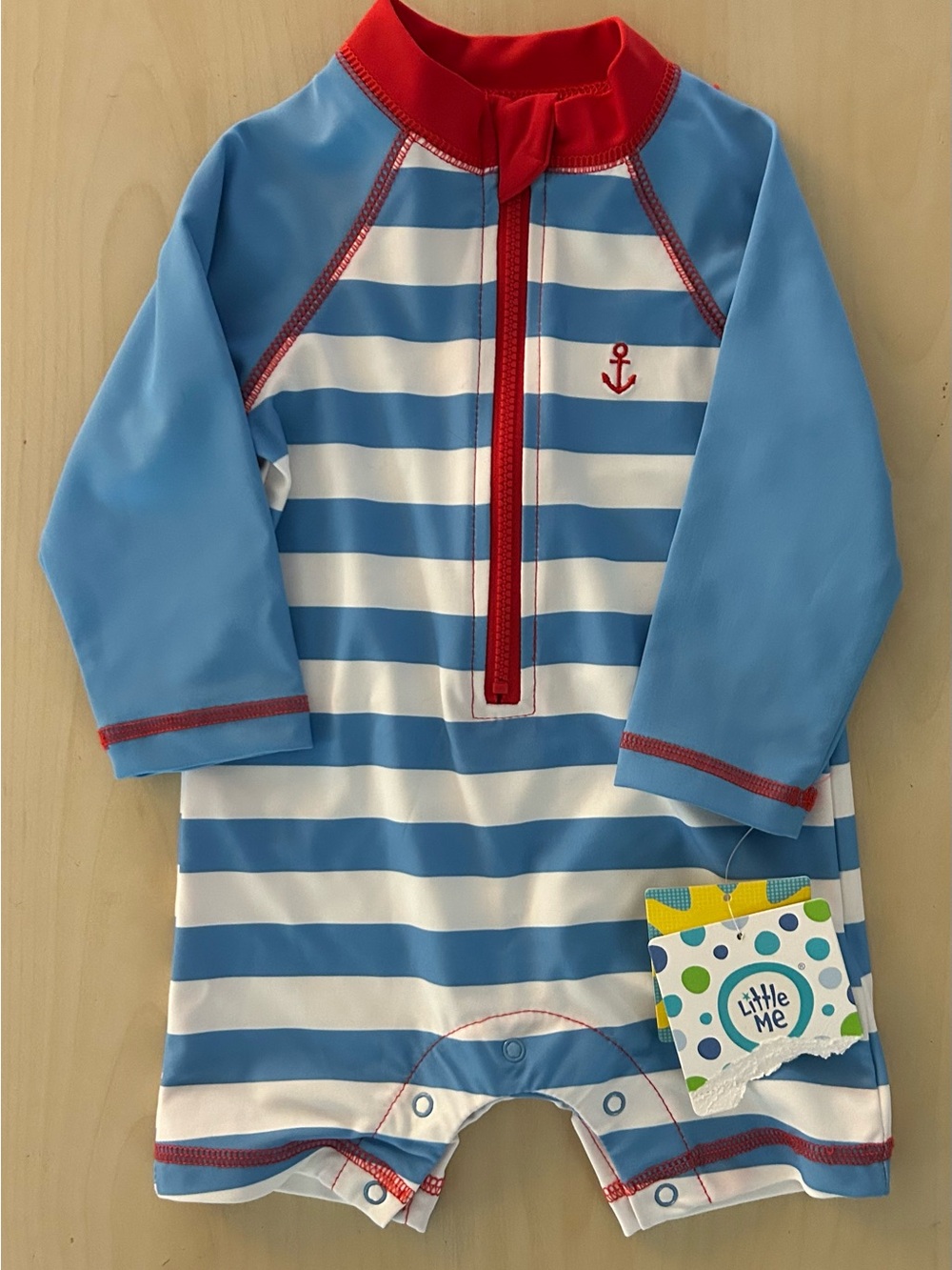 NWT Little Me Blue & White Striped Kids Long-Sleeve Swim Suit with Red Trim